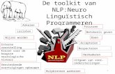 De toolkit van NLP:Neuro Linguïstisch Programmeren 1 Focussen Wijzer wordenDoen Respecteren Ankeren Betekenis geven Interne voorstelling Kiezen voor de.