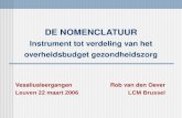 DE NOMENCLATUUR Instrument tot verdeling van het overheidsbudget gezondheidszorg VesaliusleergangenRob van den Oever Leuven 22 maart 2006LCM Brussel.