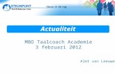 Actualiteit Actuele ontwikkelingen Alet van Leeuwen MBO Taalcoach Academie 3 februari 2012.