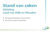 Stand van zaken Stichting Land van Wijk en Wouden •Verslag activiteiten tot juli 2013 •Stand van zaken financieel