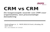 CRM vs CRM CRM vs CRM De toegevoegde waarde van CRM voor organisaties; een procesmatige benadering Gastcollege nr. 1 - RCM 2012/13 kw4, dinsdag 16 april.