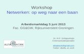 Workshop "Netwerken: op weg naar een baan" voor studenten Godgeleerdheid en Godsdienstwetenschap, Rijksuniversiteit Groningen, 5 juni 2013